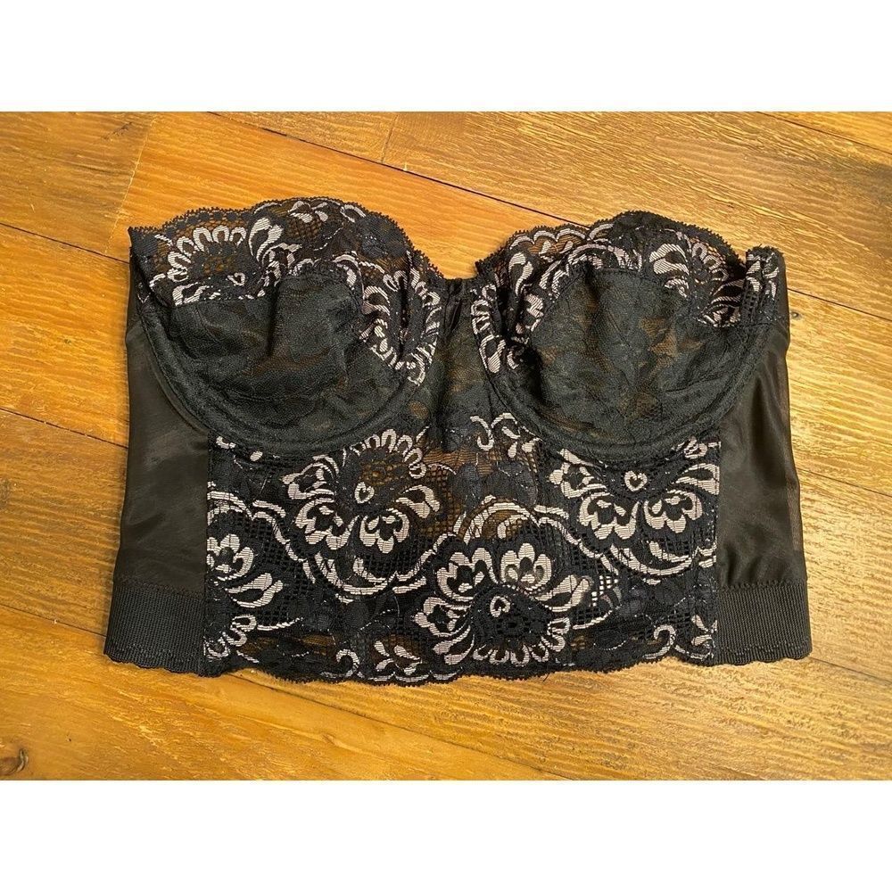 Fleur de Lace 36B Bustier Longline Bra Black Floral Lace corset vintage smoothie